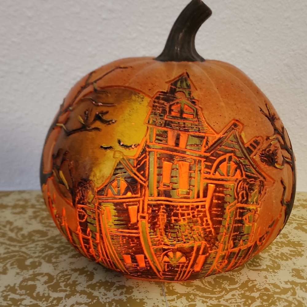 Orange Halloween Pumpkin with Haunted House Design - Picture 1 of 8